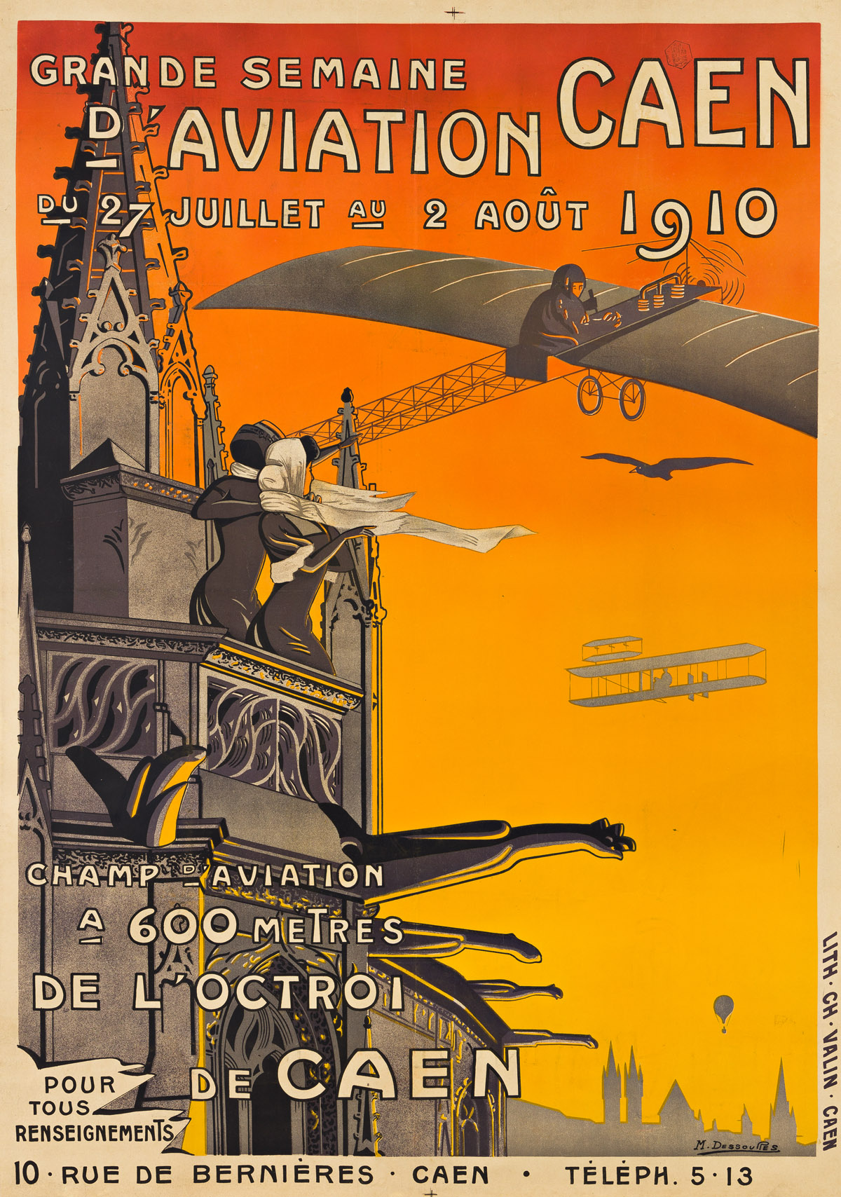M. DESSOURES (DATES UNKNOWN).  GRANDE SEMAINE DAVIATION CAEN. 1910. 51½x38½ inches, 130¾x97¾ cm. Ch. Valin, Caen.